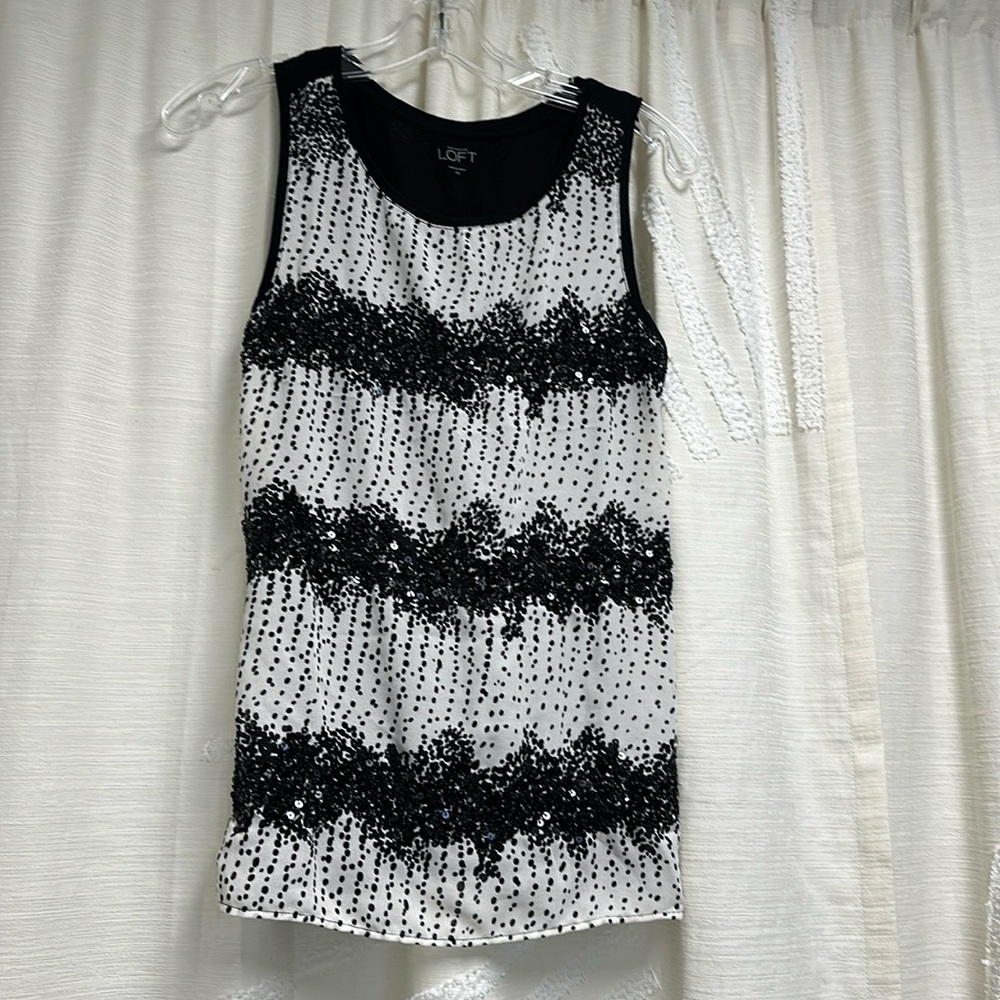 Loft size XS Mixed Media tank Ivory/black with sequins solid black knit back
